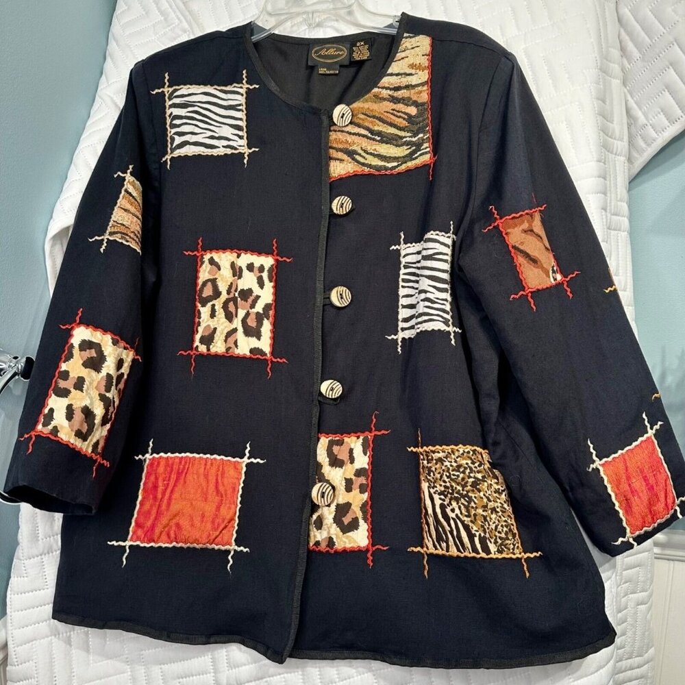 Allure Women's Sz 2x Button Down Jacket Blazer Safari Animal Print Wood Buttons‎